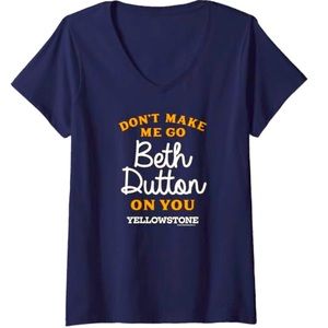 Blue Women’s Yellowstone V-neck T-shirt come in sizes small through 2XL